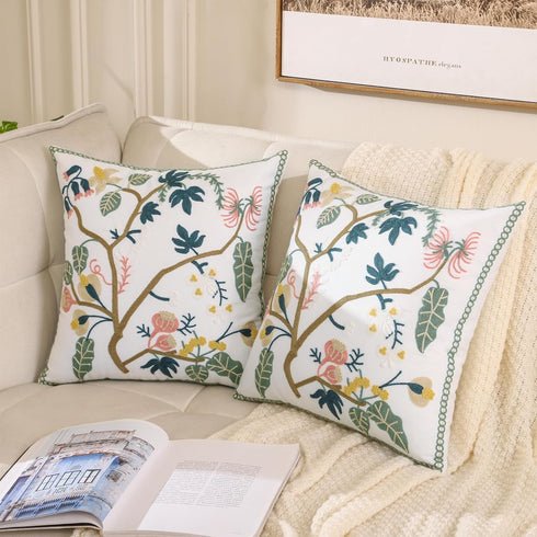 Embroidered Decorative Throw Pillow Covers 18x18 Inch Pack of 2, Farmhouse Spring Tree Flower Pillowcase for Living Room Sofa Bed by LUOYEHK