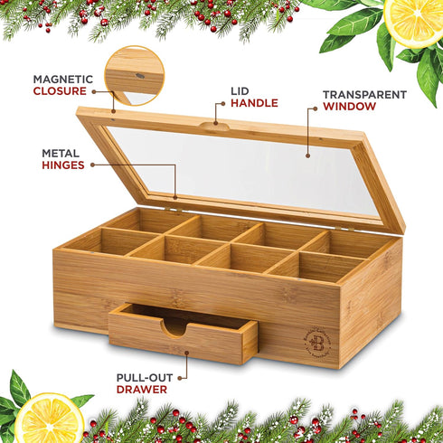 8 Set Bambuesi Tea Box Organizer with Drawer - Compartment Bamboo Wooden Tea Storage Chest with Acrylic Window