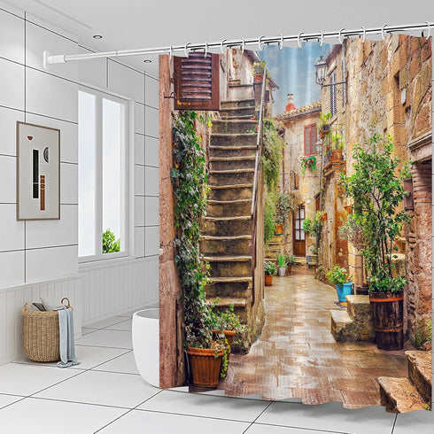 Italian Architectural Landscape Shower Curtains European Old Mediterranean Street Stone Rock House Vintage Country Scenery Bathroom Decor Polyester Fabric Curtain 70 x 70 Inch with Hooks by Yadshoti