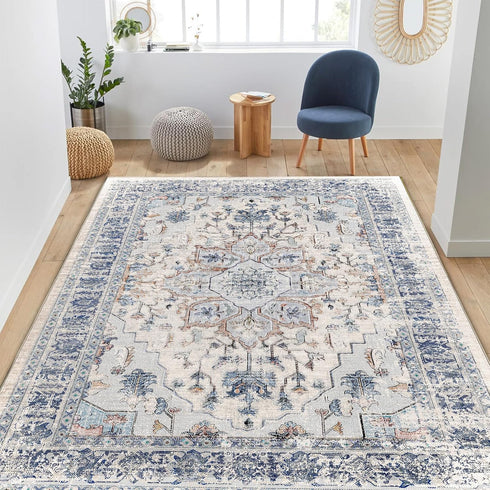 BESTSWEETIE 2x3 Washable Entryway Rug, 2 x 3 Non-Slip Small Kitchen Rugs for Indoor Entrance, Vintage Boho, Beige Blue