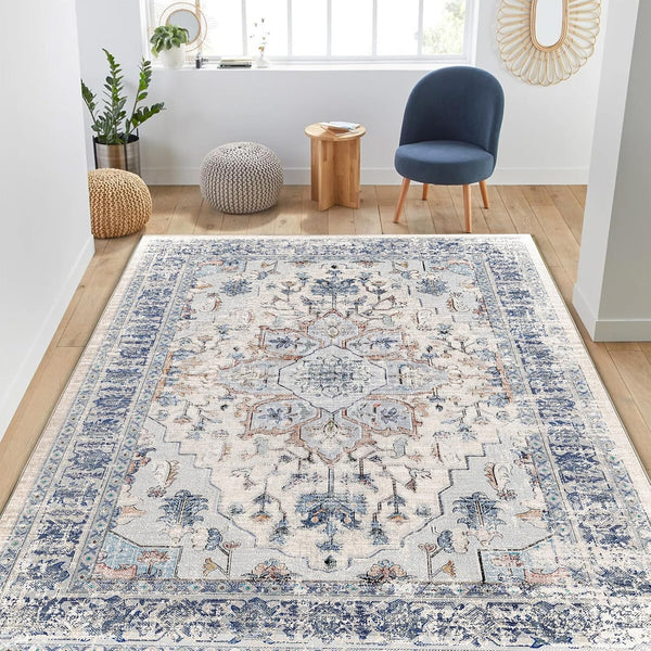 BESTSWEETIE 2x3 Washable Entryway Rug, 2 x 3 Non-Slip Small Kitchen Rugs for Indoor Entrance, Vintage Boho, Beige Blue
