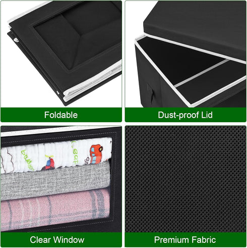 Cube Storage Bins with Lids, Clear Window Fabric Organizer Baskets, 4 Packs, Black for Shelves and Closet