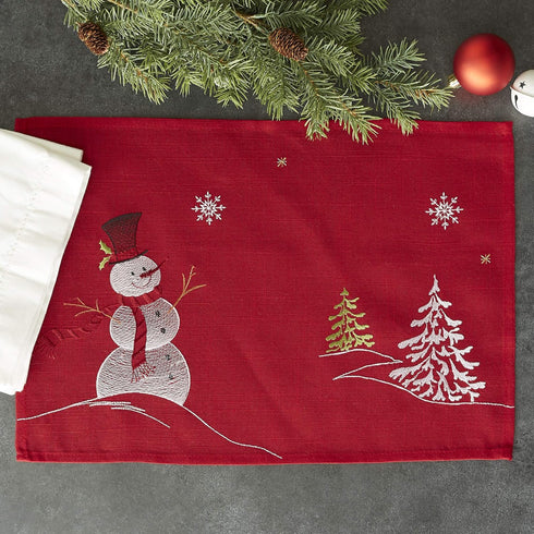 DII Christmas Kitchen Embroidered Table Décor Collection, Snowman Placemat Set, 13x19, Red, 4 Piece