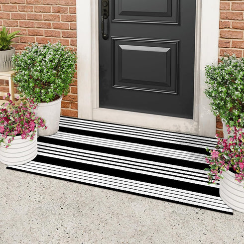 Black/White Striped Front Door Rug 2'X4.3', Cotton Hand Woven Indoor/Outdoor Entryway Rug, Machine Washable Kitchen Mat