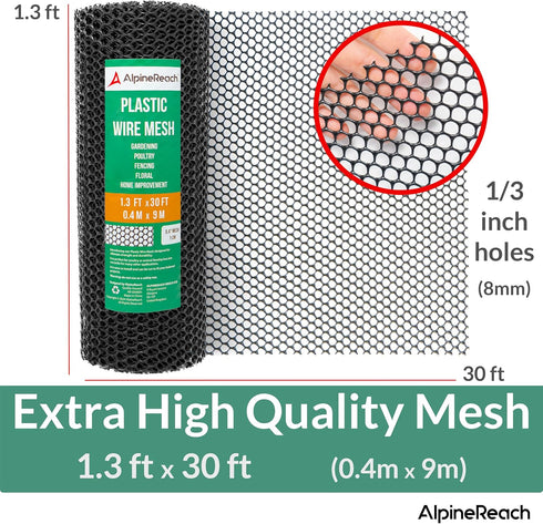 1.3ft 30ft (15.7" 360") AlpineReach Plastic Wire Mesh x Fence Roll with Zip Ties - Ideal for Poultry, Dogs, Rabbit