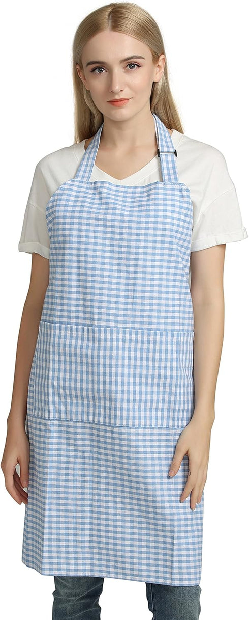 Vintage Gingham Chef Bib Canvas Kitchen Aprons, Large Size, 100% Pure Cotton, Adjustable Neck Strap, Pockets (Blue)