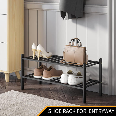 Shoe Rack, 2-Tier Bamboo Stackable Shoe Shelf Storage Organizer for Closet, Entryway and Hallway