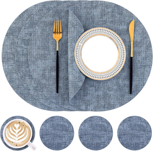 Homaxy Round Faux Leather Placemats and Coasters, Washable Dual-Side Table Mats, Wipeable