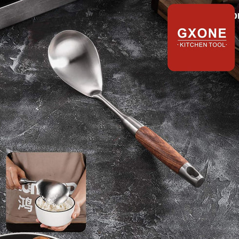 Large Serving Spoons - 304 Stainless Steel Cooking Spoon with Heat Resistant Wooden Handle, Silver, 12.4 Inch
