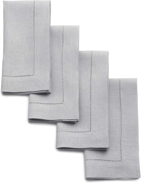 Solino Home Linen Napkins Set of 4 - Classic Hemstitch 100% Pure Linen Soft Grey Dinner Napkins, 20 x 20 Inch