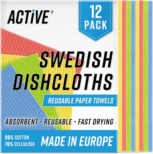 ACTIVE Swedish Dish Cloths for Kitchen 12 Pack Cellulose Sponge Cloth, Washable