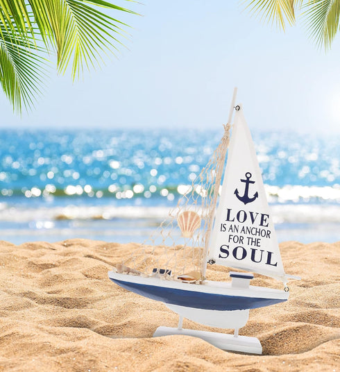 Sailboat 14 Inch CoTa Global Ocean Blue Decor Handmade Wooden Boat Decor, Cute Beach Style Model Sail Boat Decorations