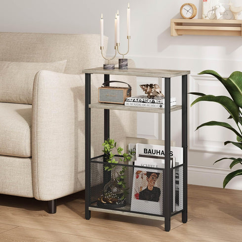 MMEOLUOOK 3 MLBZ22Q Narrow Side Table with Storage Basket Skinny End Tables for Smalls Spaces Tier Sofa Table Small