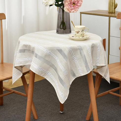 Limalred Rustic Striped Embroidery Small Square Tablecloth, Openwork Heavy Weight Linen Wrinkle Resistant