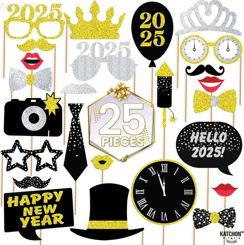 New Years Photo Booth Props, Pack of 20, Real Glitter, New Years Eve Party Supplies 2019
