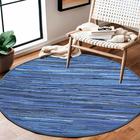 The Beer Valley Cotton Woven Rag Rug, 4' Round - Navy Blue Boho Circle Rug for Living Room, Bathroom, Bedroom