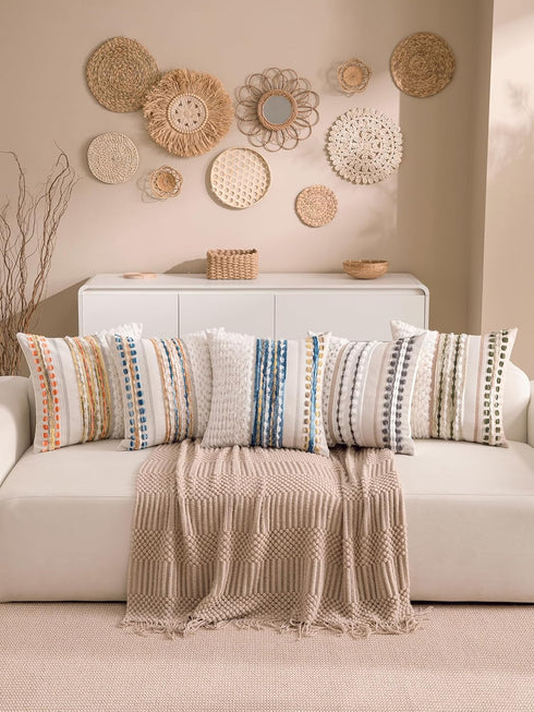 18x18 Inch Set 2 Boho Chenille Tufted Couch Throw Pillow Covers of Farmhouse Striped Decorative Pillow Covers Accent