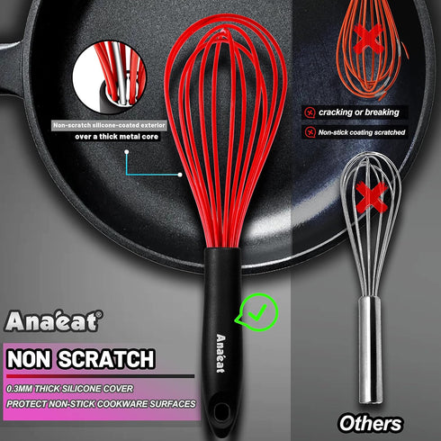 Anaeat Silicone Balloon Whisk, Heat Resistant Kitchen Whisks for Whisking, Cooking, Baking, Beating, Stirring