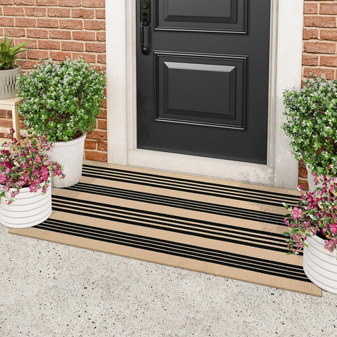 Outdoor Front Door Mat, 2'x4.3', Cotton Machine Washable Reversible Layered Mats for Kitchen/Farmhouse