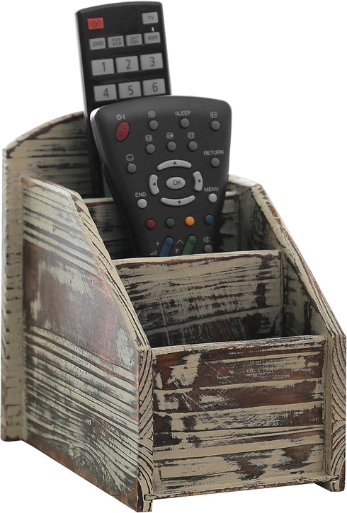 MyGift Rustic Torched Wood Remote Control Holder for Table, 3 Compartments, Living Room Organizer