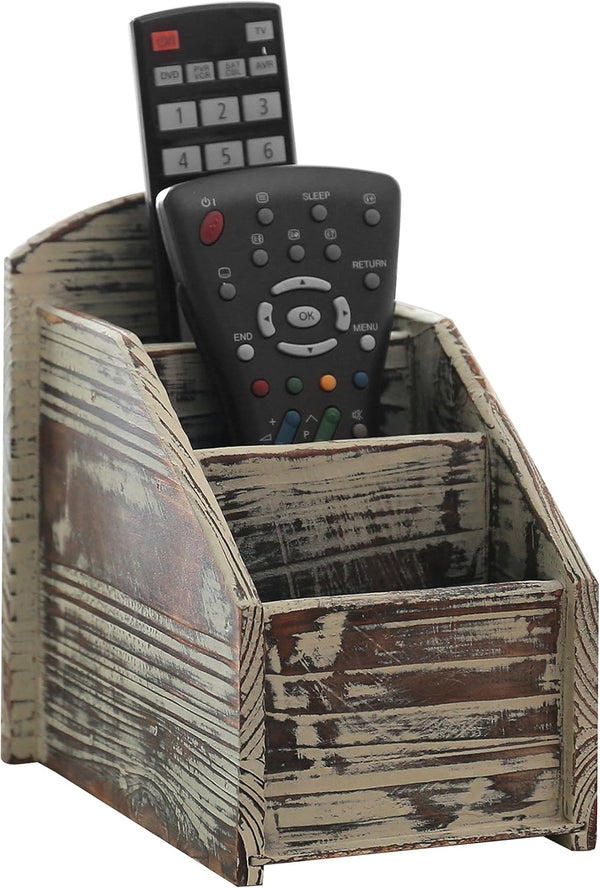 MyGift Rustic Torched Wood Remote Control Holder for Table, 3 Compartments, Living Room Organizer
