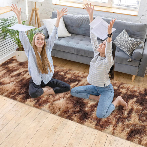 2x10 Super Soft Fluffy Living Room Area Rug ft Tie-Dyed Brown Shaggy Furry Carpet Washable Non-Slip Floor Rugs Bedroom
