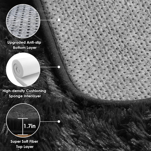 Black Machine Washable 3x5 Rug for Bedroom, Fluffy Non Slip Plush Small Shaggy Floor Carpet