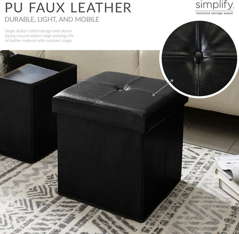Simplify Faux Leather Folding Storage Ottoman | Single | Collapsible | Tufted Padded Seating | Foot Rest | Bench | Toy