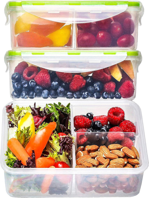 Bento Box Lunch Containers with Lids - Meal Prep Containers for Adults & Kids, Leakproof, 3 Compartments (2 Pack)