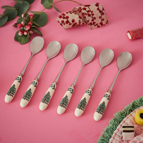 Spode Christmas Tree Teaspoons Set of 6, 6-Inch Stainless Steel Holiday Silverware with Porcelain Handles