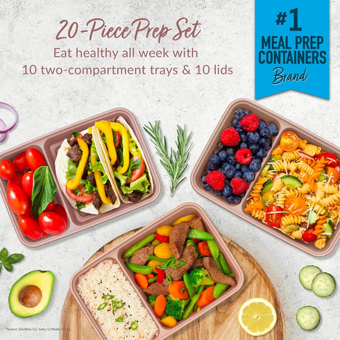 Bentgo 20-Piece Reusable BPA-Free 2-Compartment Containers - Lightweight, Durable, Microwave, Freezer, Dishwasher Safe