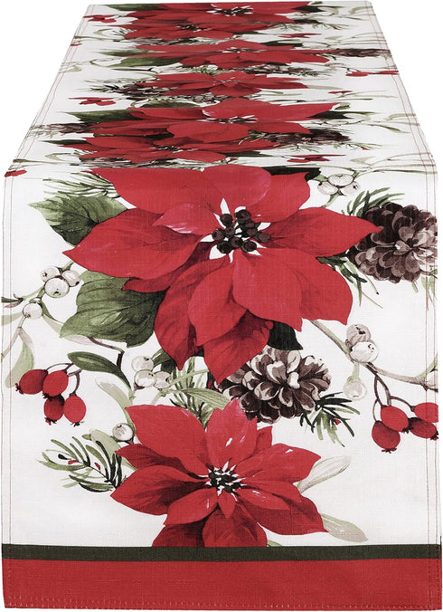 Newbridge Christmas Blooming Poinsettia’s Double Bordered 70 Inch Long Table Runner, Holiday Red and White Poinsettia