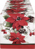 Newbridge Christmas Blooming Poinsettia’s Double Bordered 70 Inch Long Table Runner, Holiday Red and White Poinsettia