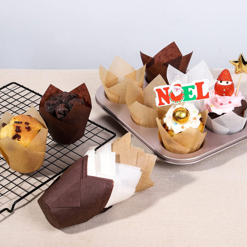 Nordic Paper 100pcs Large Brown Tulip Cupcake Liners for Baking, EU Parchment Paper Muffin Wrappers for Parties