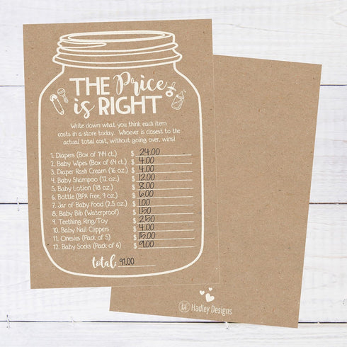 Hadley Designs Baby Shower Games Set, 25 The Price is Right Baby Shower Game Cards for 25 Guests