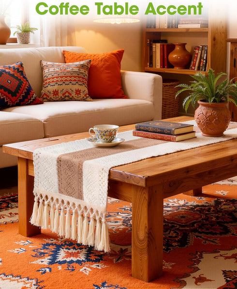 36 Inches, 12 36 Inch, Pureegg Farmhouse Boho Table Runner - Linen-Textured Woven Tassel Design for Dining Table Decor