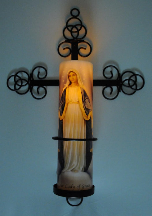 8.1875" 2.375" 14.25" 10" 3.25" Trinity Cross Bronze Wall Sconce with Candle Safety Guard Ring for All x Flame