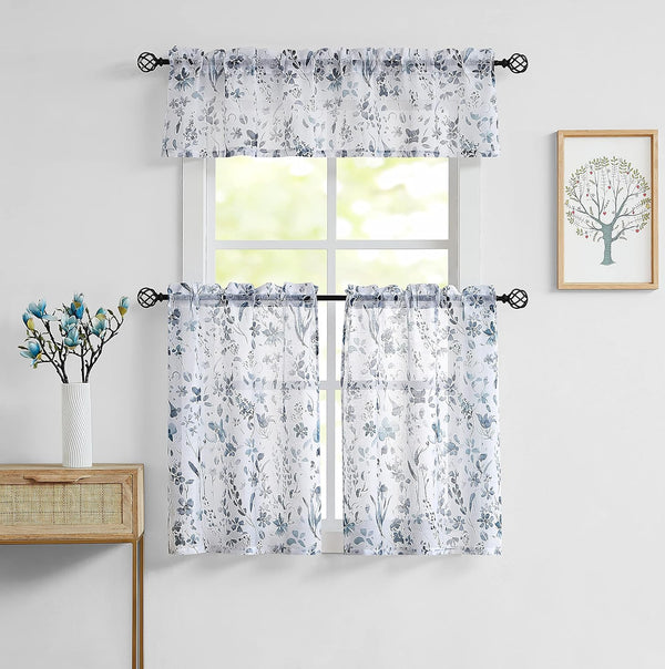 Fragrantex Blue and Grey Floral Sheer Kitchen Curtains and Valances Set for