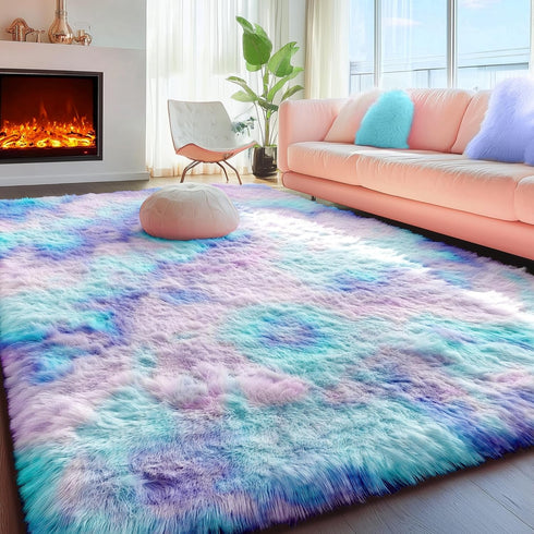 4x6 PAGISOFE Cute Furry Pastel Rug for Girls Bedroom, Soft Adorable Rainbow Purple Tent Rugs for Livingroom, Kid