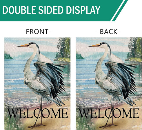 Welcome Spring Summer Seabird Coastal Beach Small Decorative Garden Flag - Blue Heron Yard Bird 12x18