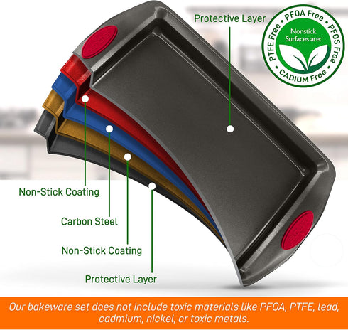 NutriChef 3-Piece Baking Pan Set, Premium Nonstick Carbon Steel Bakeware with Silicone Handles