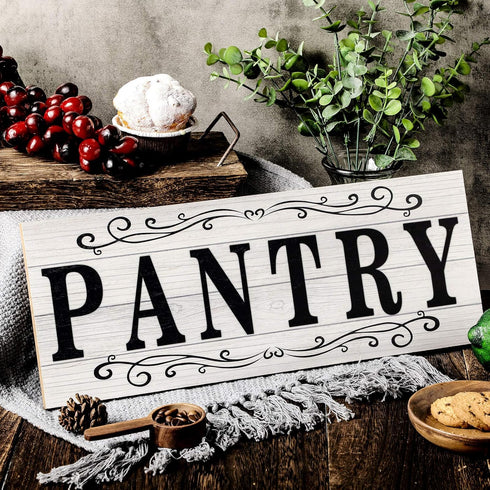 Pantry Sign Wall Decor - Rustic Retro Wooden Art Printed Decor for Home Room Holiday Decoration, 16 x 6 Inches (White)