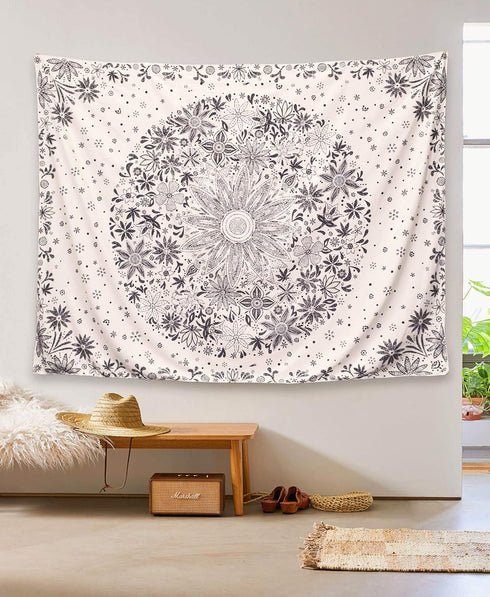 Neasow Bohemian Tapestry Wall Hanging, Beige White Floral Tapestry, 60×80 inches, Boho Hippie Home Decor