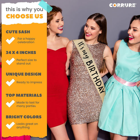 CORRURE 'It's My Birthday' Sash Glitter with Black Foil, Gold Glitter Birthday Sash for Women and Men, Happy Birthday
