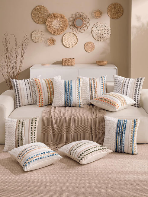 18x18 Inch Set 2 Boho Chenille Tufted Couch Throw Pillow Covers of Farmhouse Striped Decorative Pillow Covers Accent