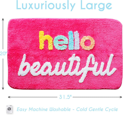 Evovee Hello Beautiful Bath Mat, Cute Bathroom Rugs for Girls, Funny Shower Decor, Non-Slip Washable Dark Pink