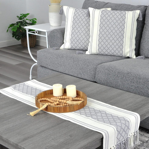 14x72 Inches Grey Table Runner with Tassel Gray & Cream Checks Geometric Design , Woven Washable Heavy Dresser Scarf