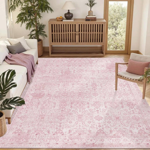 5x7 Rugxara Pink Rug for Living Room Bedroom, Area Rugs Washable Vintage Floral Retro Boho Non Slip & Low Pile Nursery