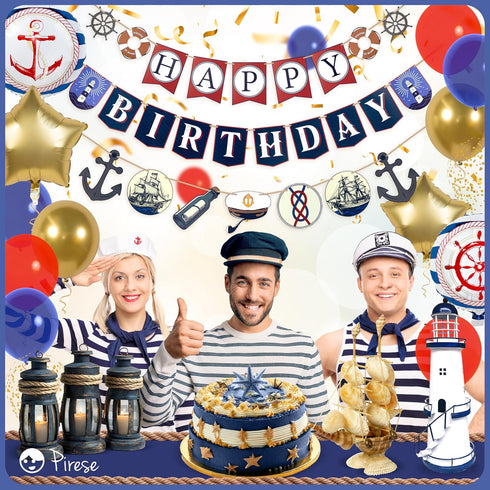 Pirese Nautical Birthday Banner, Nautical Birthday Decorations, Boat Party Decorations, Ocean Birthday Decorations |