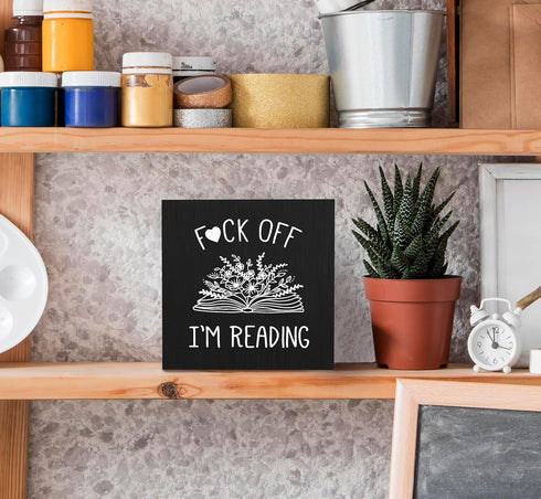 I'm Reading Minimalist Floral Book Wood Box Sign Desk Decor, Black Inspirational Wooden Block Box Sign for Home Reading